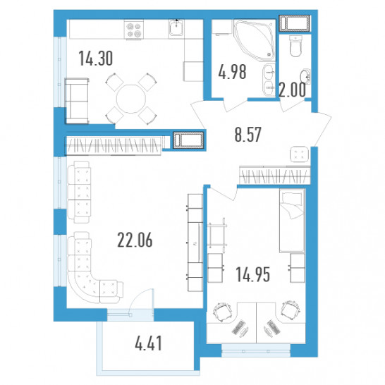 Двухкомнатная квартира 69.06 м²