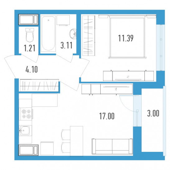 Однокомнатная квартира 38.31 м²