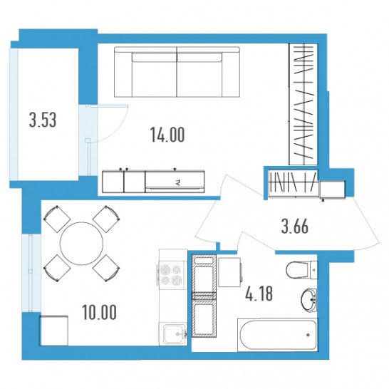 Однокомнатная квартира 33.61 м²