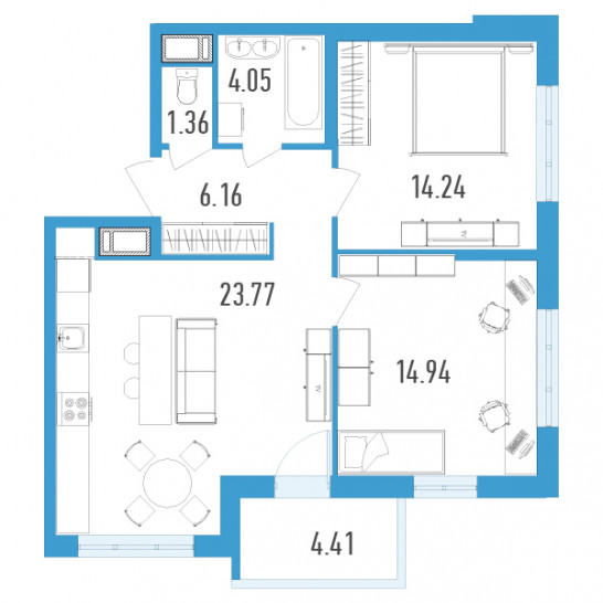 Двухкомнатная квартира 66.72 м²