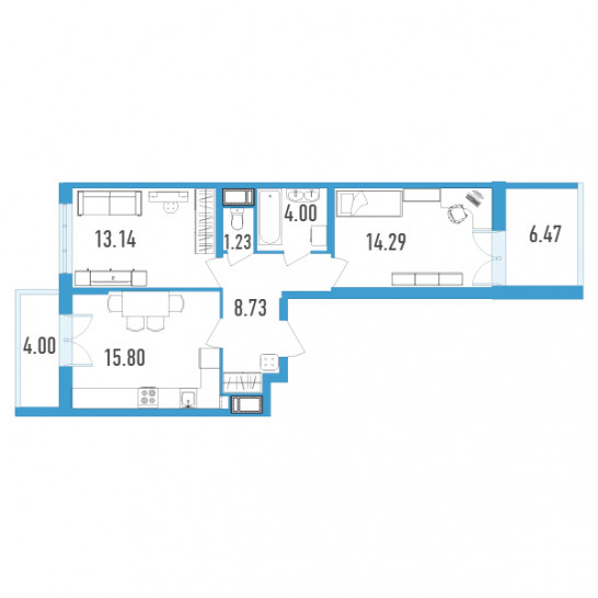 Двухкомнатная квартира 62.43 м²