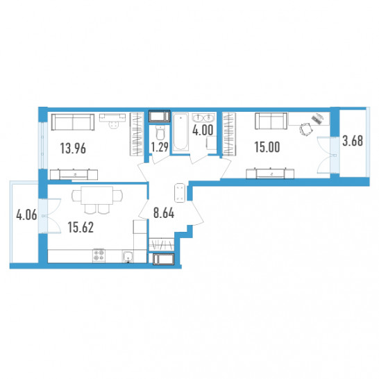 Двухкомнатная квартира 62.38 м²