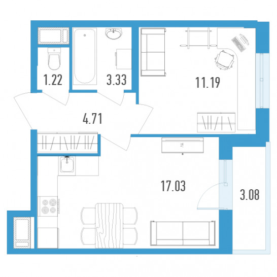 Однокомнатная квартира 39.02 м²