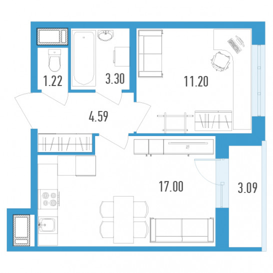 Однокомнатная квартира 38.85 м²