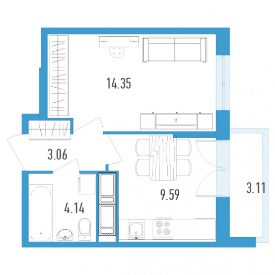 Однокомнатная квартира 32.7 м²