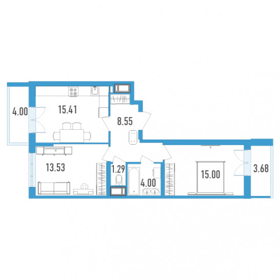 Двухкомнатная квартира 61.62 м²