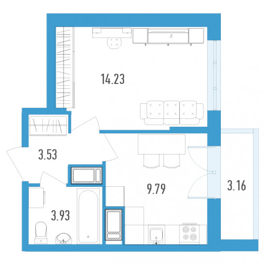 Однокомнатная квартира 33.06 м²