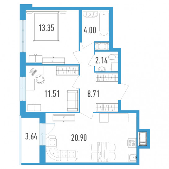 Двухкомнатная квартира 62.43 м²